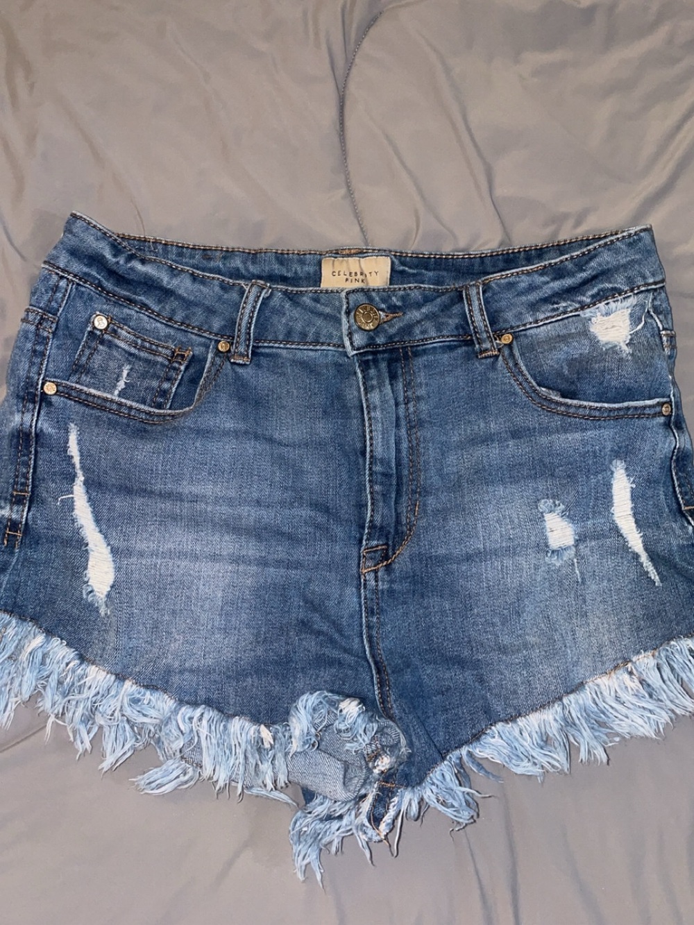 Celebrity Pink Blue Distressed Frayed Hem Denim Shorts